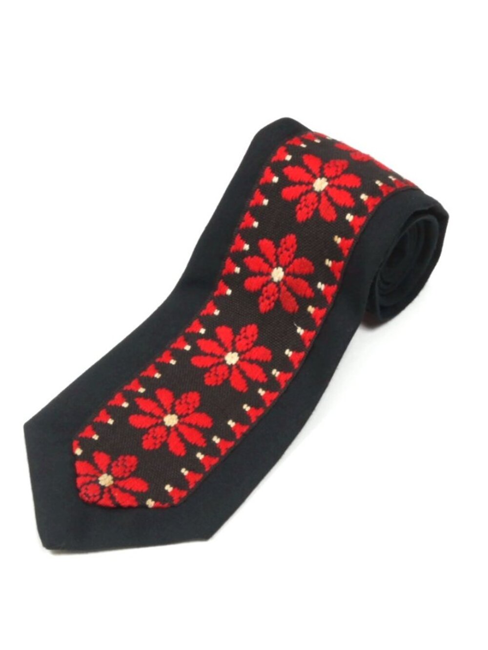 Black Red Floral Hand Sewn Folk Bayerischer by Erica Men's Extra Wide Neck Tie
